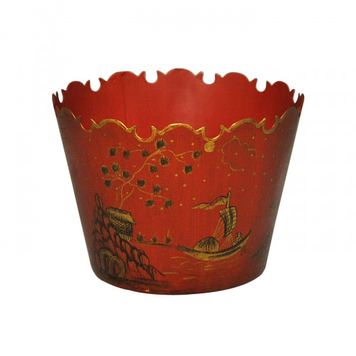 Cache pot rouge temple Chinois en tôle peinte taille moyenne