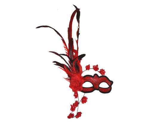 Masque loup vénitien plumes et fleurs rouges