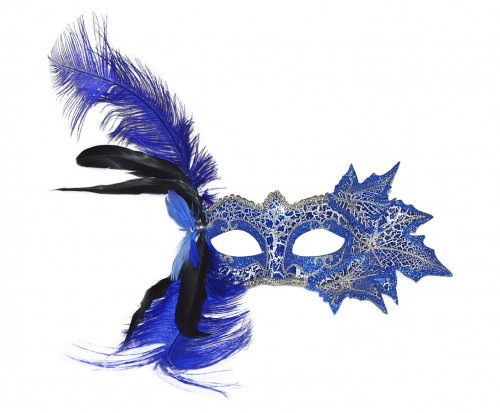 Masque Loup vénitien feuilles et plumes bleues