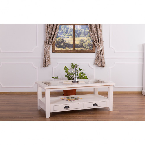 Table de salon en bois massif ROMANE plateau en verre - 120x65x48 cm