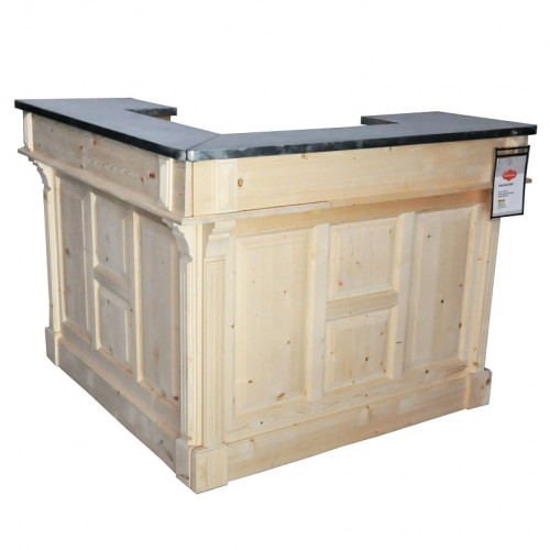 Comptoir Bar d'angle 140x140 cm en pin massif avec plateau en acier Zingué