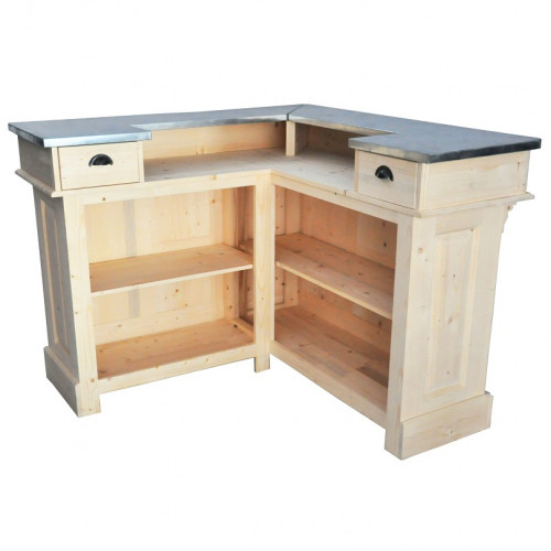Comptoir Bar d'angle 140x140 cm en pin massif avec plateau en acier Zingué
