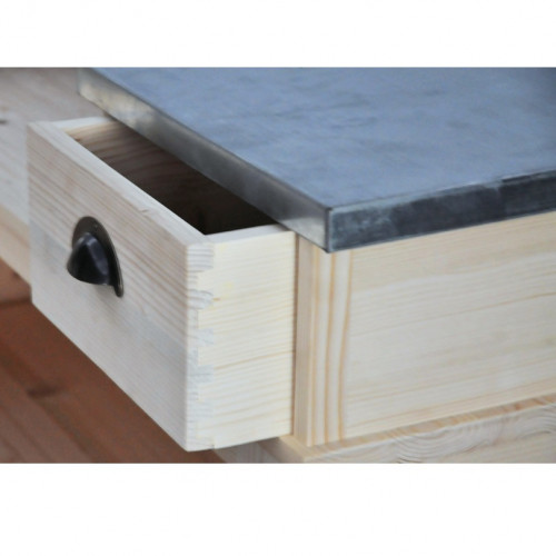 Comptoir Bar d'angle 140x140 cm en pin massif avec plateau en acier Zingué