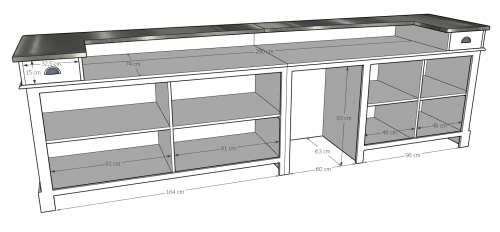 Comptoir Bar 360 cm - Plateau en acier Zingué et espace électroménager