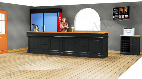 Comptoir Bar PROFESSIONNEL avec espace Lave-verres et machine à glaçons en pin massif plateau en acier Zingué - 400x78x107 cm
