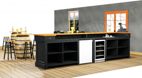 Comptoir Bar PROFESSIONNEL avec espace Lave-verres et machine à glaçons en pin massif plateau en acier Zingué - 400x78x107 cm
