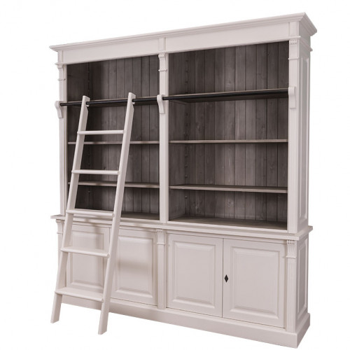 Grande Bibliothèque avec échelle ROMANE en bois massif - 223x51x228 cm
