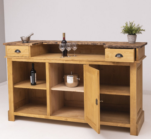 Comptoir Bar 180 cm en pin massif avec plateau en acier Zingué