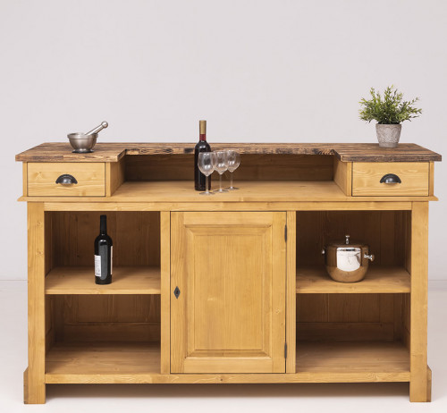 Comptoir Bar 180 cm en pin massif avec plateau en acier Zingué