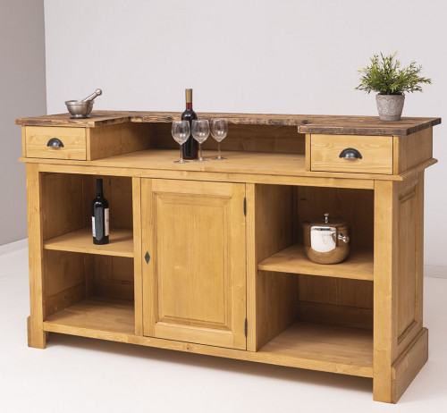 Comptoir Bar 180 cm en pin massif avec plateau en acier Zingué