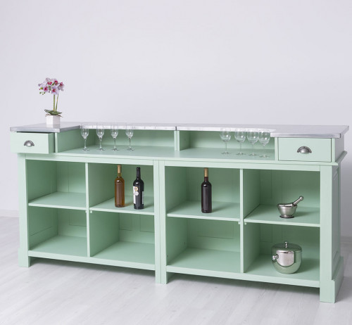 Comptoir bar 240 cm en pin massif avec plateau en acier Zingué
