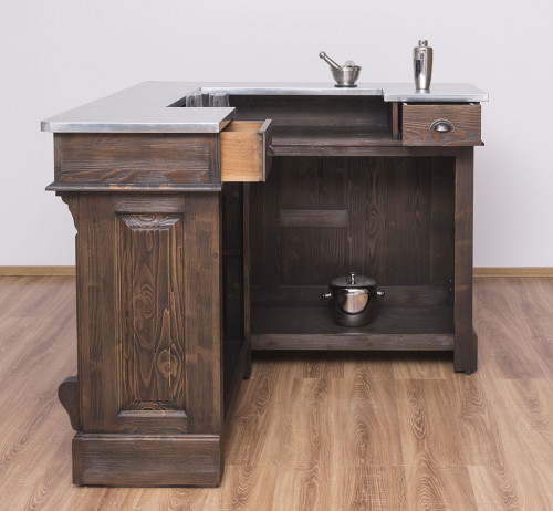 Comptoir Bar d'angle 140x140 cm en pin massif avec plateau en acier Zingué