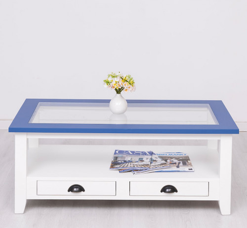 Table de salon en bois massif ROMANE plateau en verre - 120x65x48 cm