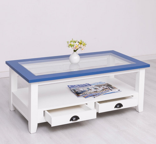 Table de salon en bois massif ROMANE plateau en verre - 120x65x48 cm