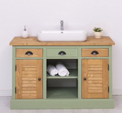 Meuble de salle de bain avec vasque rectangulaire ROMANE en bois massif - 120x51x75