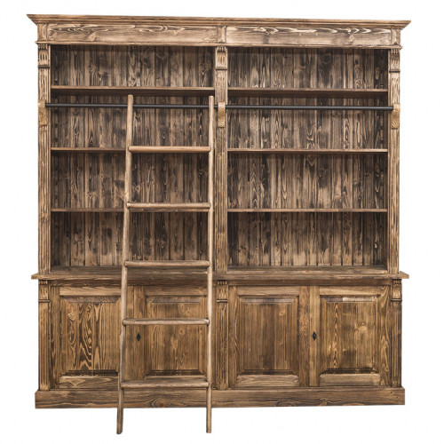Grande Bibliothèque avec échelle ROMANE en bois massif - 223x51x228 cm