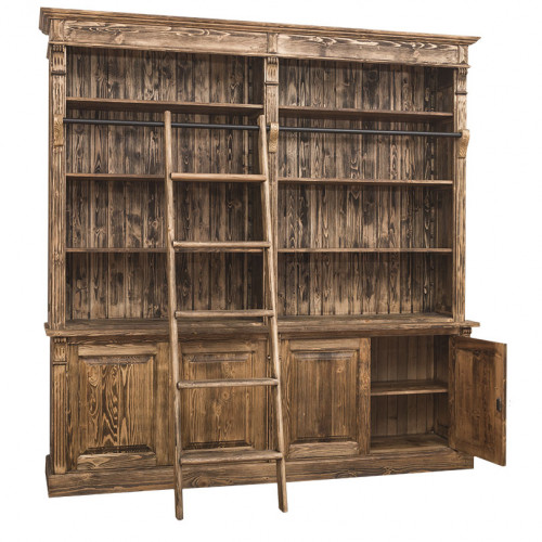 Grande Bibliothèque avec échelle ROMANE en bois massif - 223x51x228 cm