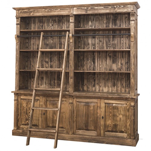 Grande Bibliothèque avec échelle ROMANE en bois massif - 223x51x228 cm