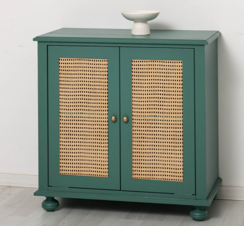 Buffet 2 portes canné en pin massif et rotin - 90x90x47 cm