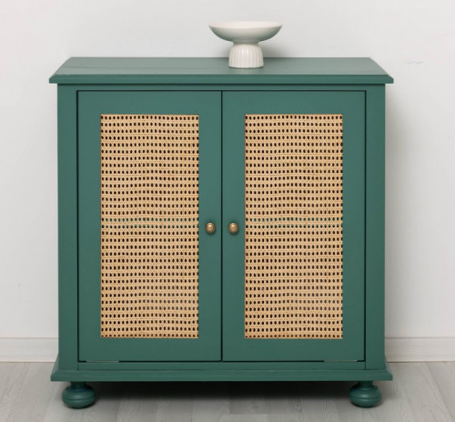 Buffet 2 portes canné en pin massif et rotin - 90x90x47 cm