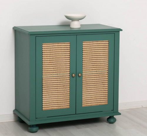 Buffet 2 portes canné en pin massif et rotin - 90x90x47 cm