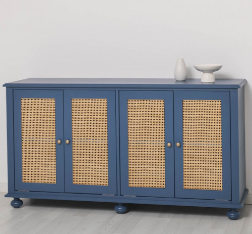 Buffet 4 portes canné en pin massif et rotin - 168x90x47 cm