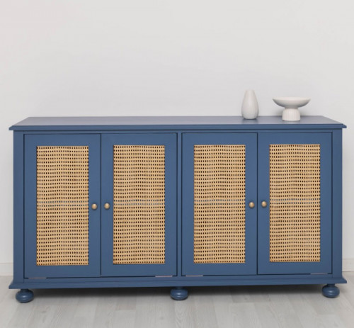 Buffet 4 portes canné en pin massif et rotin - 168x90x47 cm