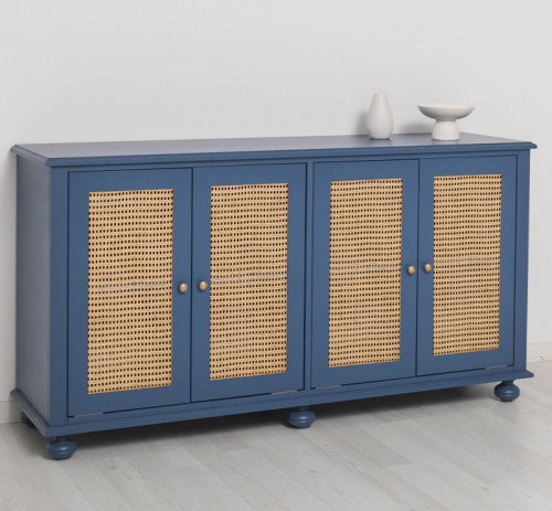 Buffet 4 portes canné en pin massif et rotin - 168x90x47 cm