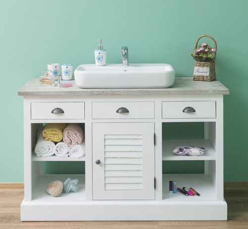 Meuble de salle de bain avec 1 vasque rectangulaire ROMANE en pin massif - 120x51x75