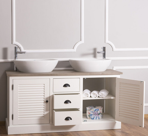 Meuble de salle de bain avec double vasques ROMANE en pin massif - 150x51x75