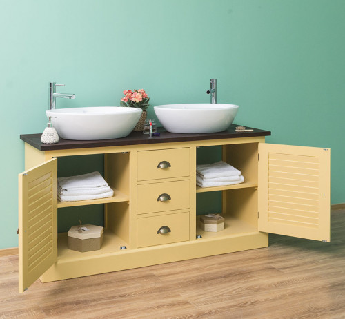 Meuble de salle de bain avec double vasques ROMANE en pin massif - 150x51x75