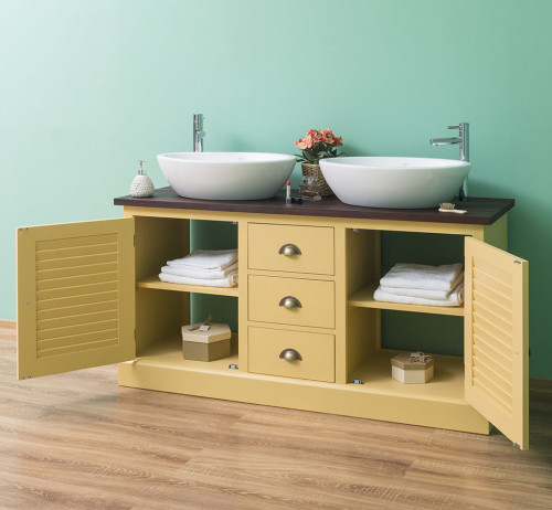 Meuble de salle de bain avec double vasques ROMANE en pin massif - 150x51x75