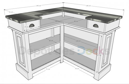 Comptoir Bar d'angle 140x140 cm en pin massif avec plateau en acier Zingué