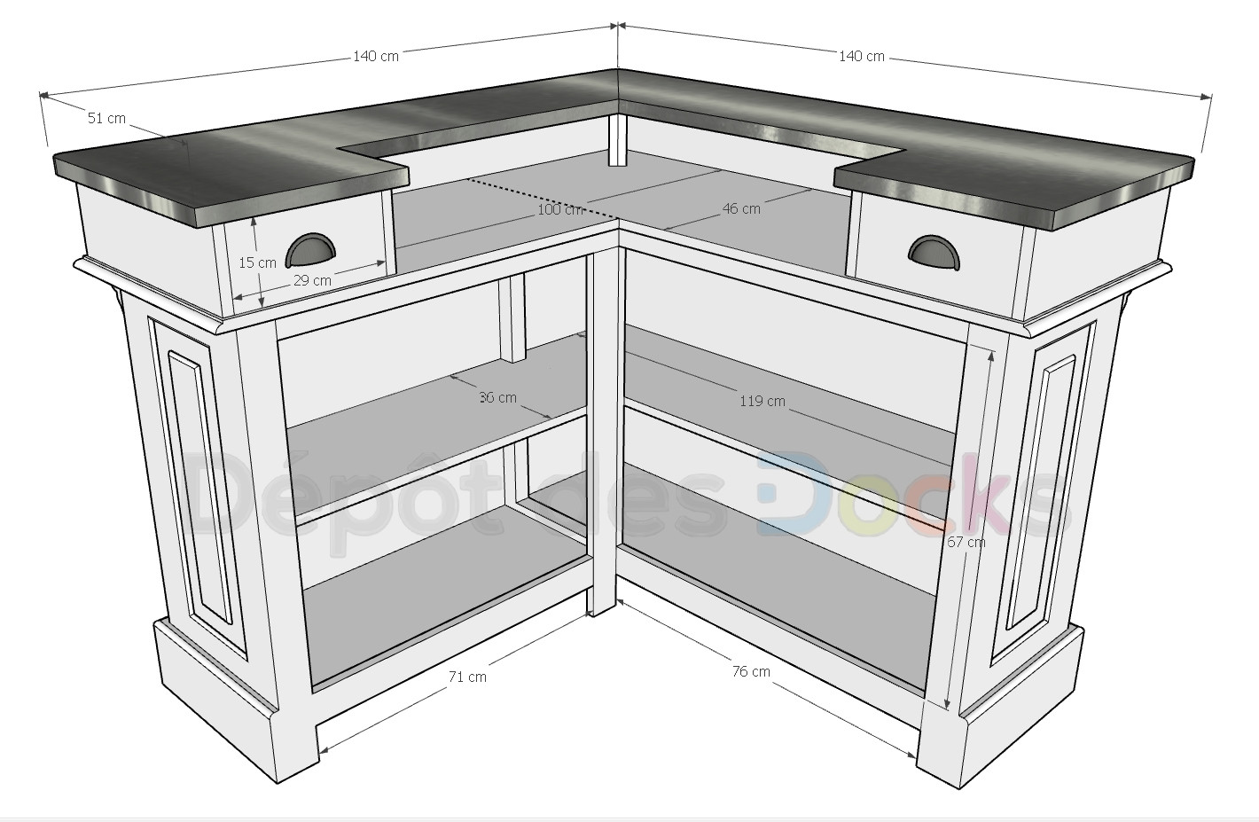 Comptoir de Bar d'angle en bois Massif | (140+140)x51x107cm - Demeure ...