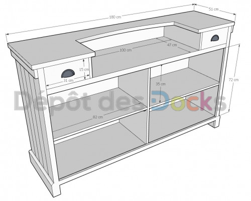 Comptoir Bar en pin Massif - 180x51x107 cm