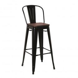 Tabouret de bar avec dossier en acier métal noir assise en orme foncé - 47x43x106 cm