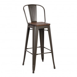 Tabouret de bar avec dossier en acier métal Shotgun assise en orme foncé - 47x43x106 cm