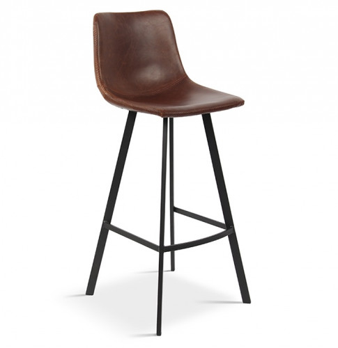 Tabouret de bar avec dossier style industriel assise simili cuir brun pieds métal noir - H108 cm