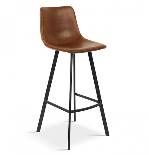 Tabouret de bar avec dossier style industriel assise simili cuir cognac pieds métal noir - H98 cm