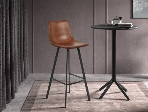 Tabouret de bar avec dossier style industriel assise simili cuir cognac pieds métal noir - H98 cm