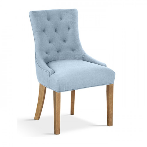 chaise de style chesterfield tissu bleu pieds en bois exotique naturel brossé - 57x60x93 cm