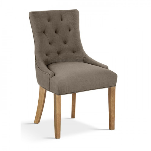 chaise de style chesterfield tissu taupe pieds en bois exotique naturel brossé - 57x60x93 cm