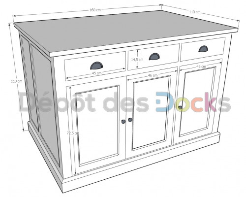 Ilot central en bois Massif ROMANE - 160x110x110cm
