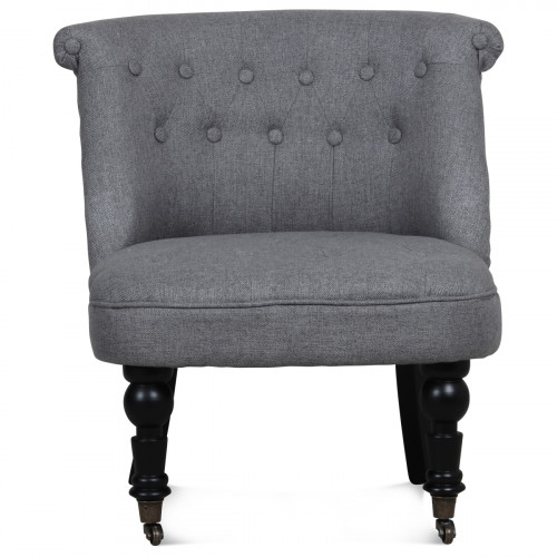 Fauteuil crapaud tissu capitonné gris à roulette