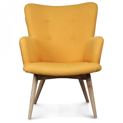 Fauteuil design style Scandinave pieds bois tissu jaune moutarde NORK