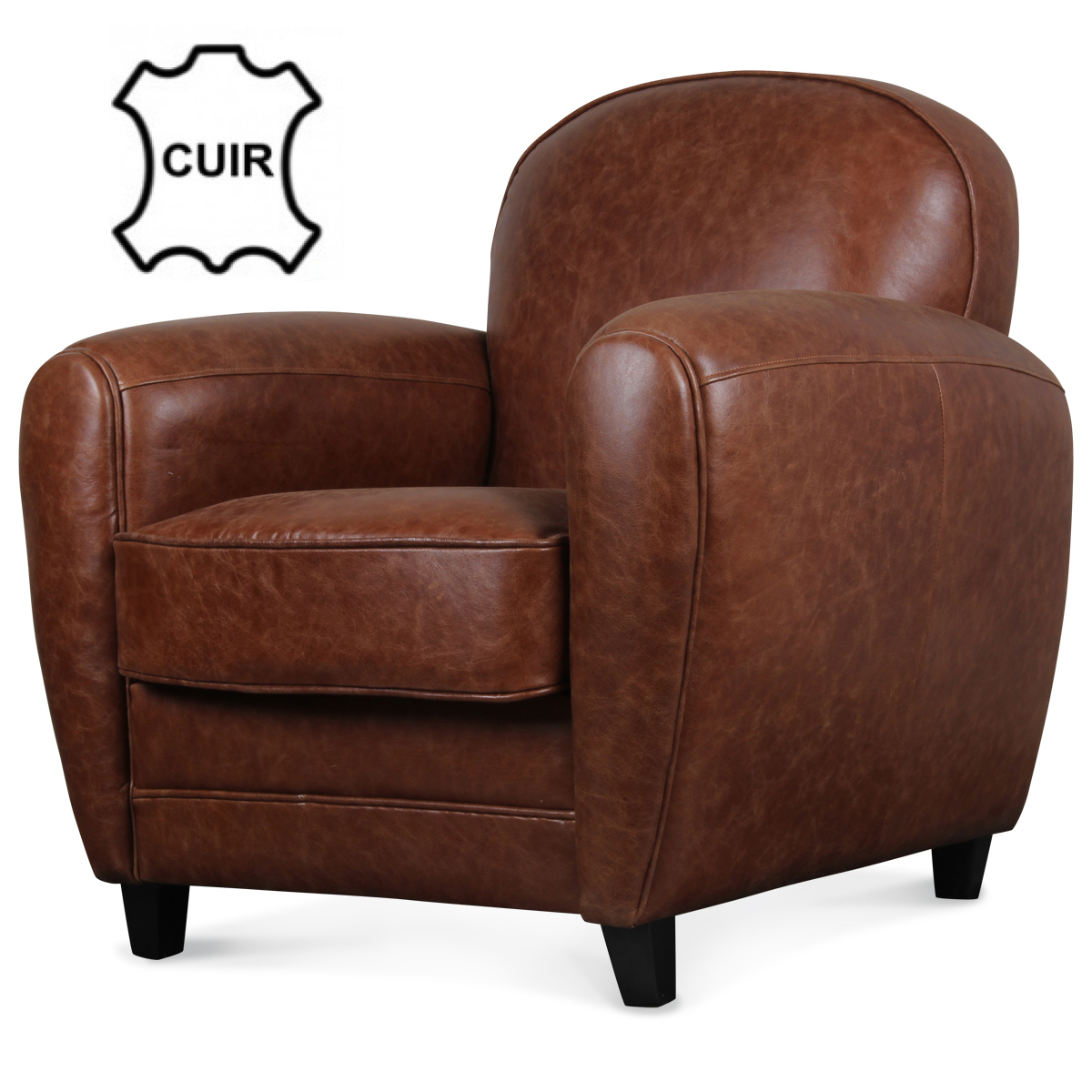 Fauteuil Club en cuir marron Vintage Industriel  Demeure et Jardin