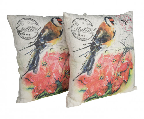 Coussin oiseaux et fleurs Imprimé façon lin